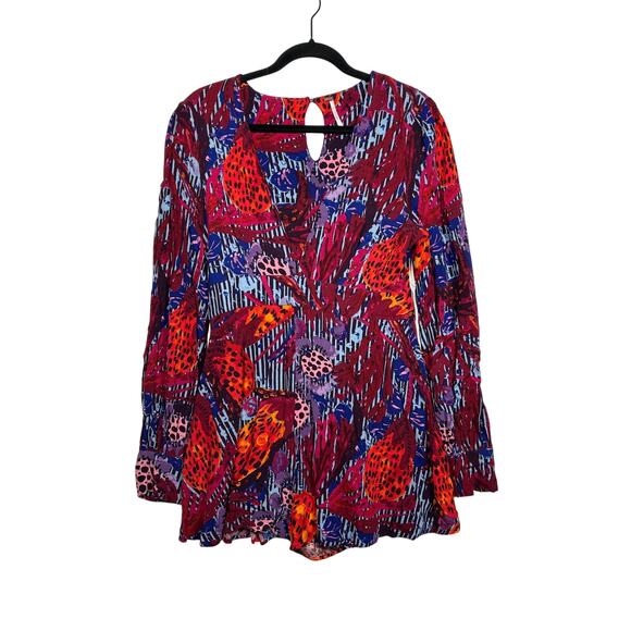 Free People Audrey Long Sleeve Romper V-Neck Printed Red Combo Shorts Size 8 - Picture 1 of 13